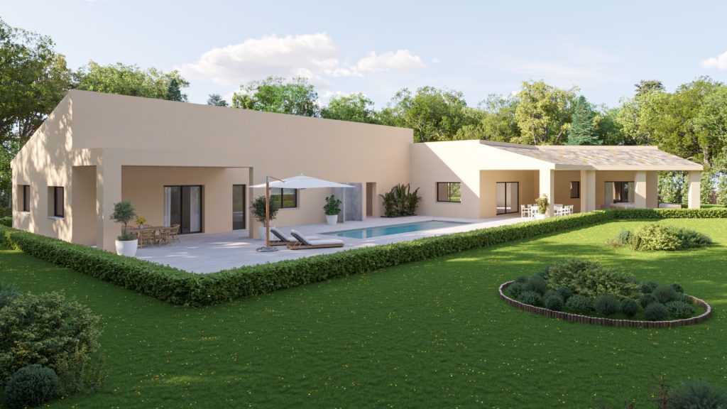 Renderizado en 3D de una casa moderna situada en el campo, rodeada de vegetación y un paisaje natural.